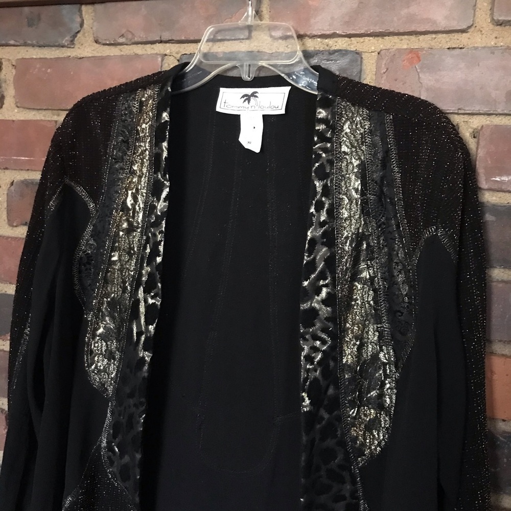TOMMY N LOULOU black gold mettalic open jacket cardigan -48 chest -29" long